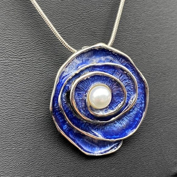 Artisan Blue and Silver Flower Swirl Pearl Accent Pendant Necklace - Picture 2 of 7